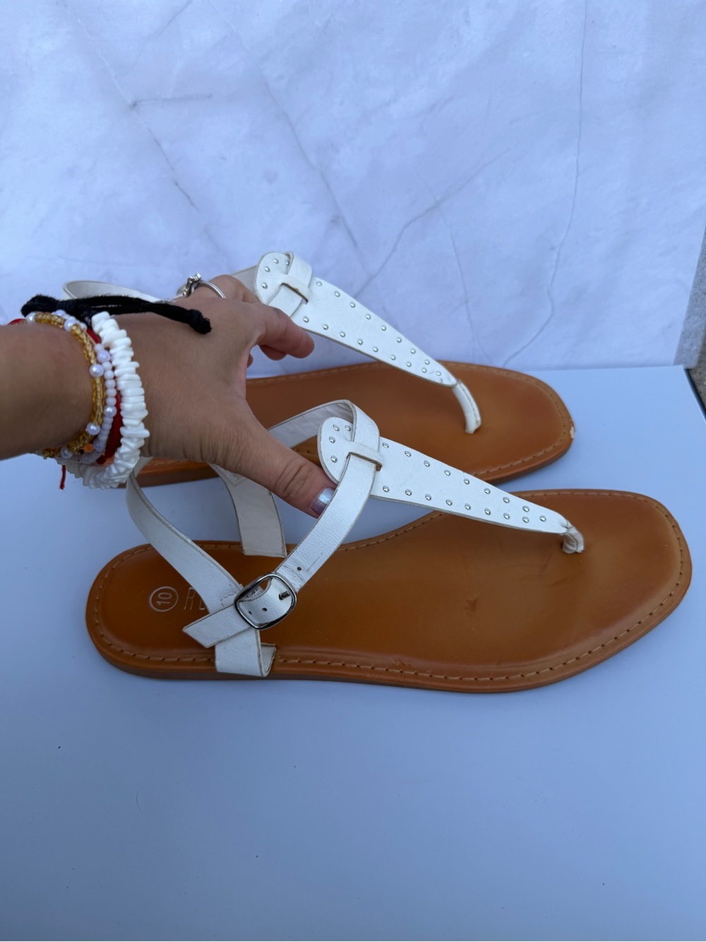 Rouge Helium White Studded T-Strap Sandals with Tan Footbed